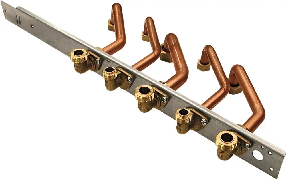 Bosch Installationszubehör mit mehreren vertikalen Kupferrohren und Messinganschlüssen auf einer Metallleiste, geeignet für Heizsysteme.